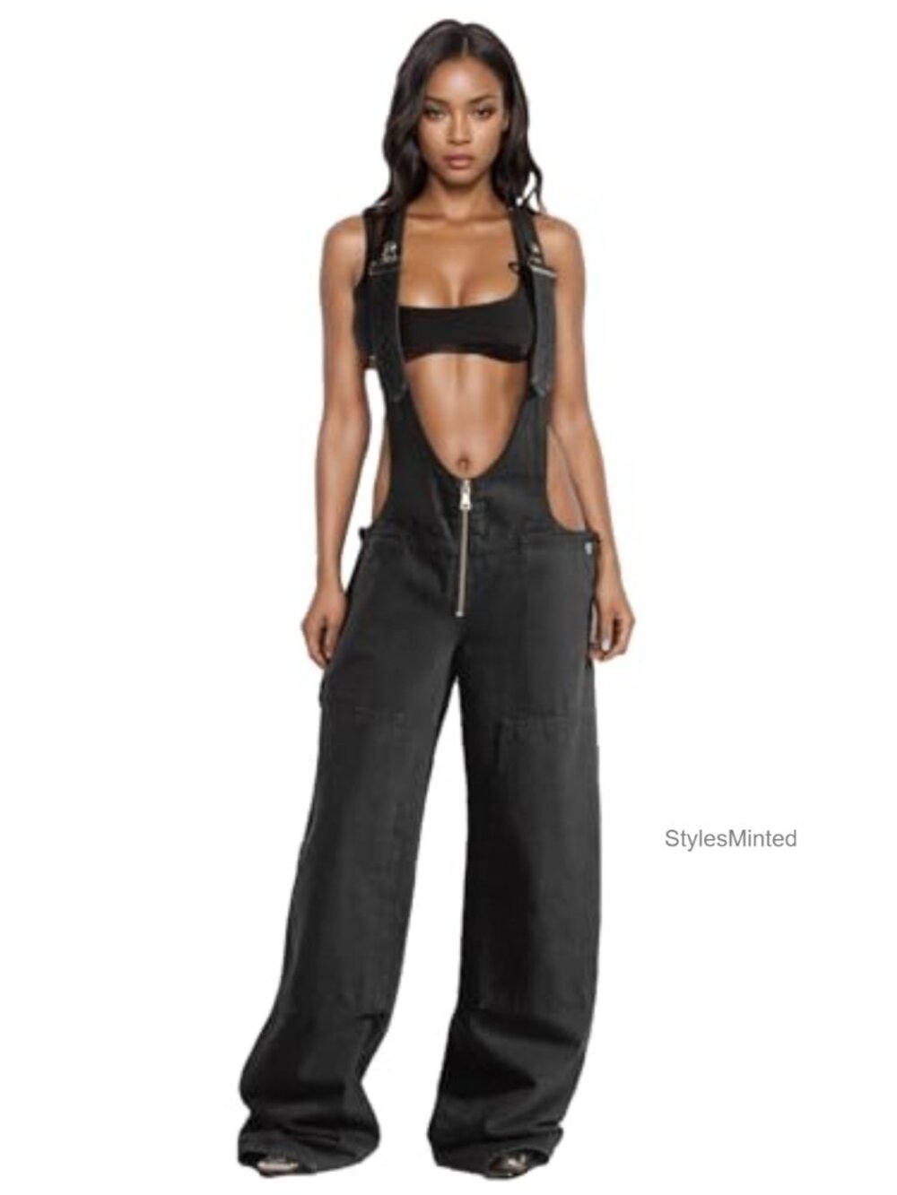 Women's Denim Overalls Adjustable Strap Wide Leg Cargo Jumpsuit